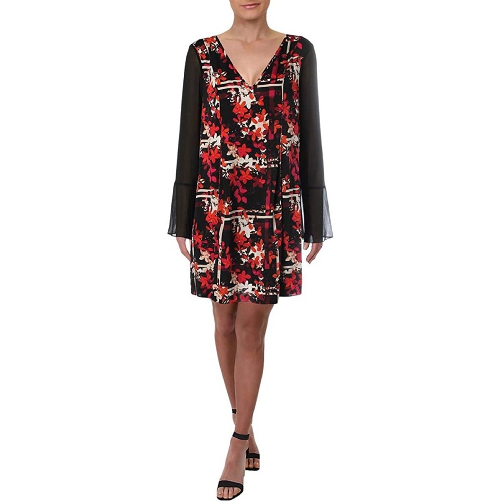 NEW BCBG Bell Sleeve Tie Back Floral Shift Dress S